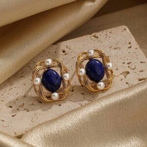 Gold Lapis and Pearl Cluster Statement Earrings